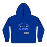 Blue hoodie with a centered graphic: curved text 'TAKE CARE OF MY PARENTS' and two winking face emojis, small label at bottom saying 'Designed by The Simple Design Mindset'