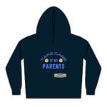Navy hoodie with a chest print that reads 'TAKE CARE OF MY PARENTS' in blue, with two smiley emojis and a small beige designer badge.