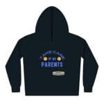 Dark hoodie displaying a graphic that reads 'Take care of my parents' in curved and bold blue text with two smiley face emojis between words and a small beige designer tag beneath