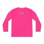 Back view of a bright pink long-sleeve shirt with a small yellow label on the upper back that reads 'Designed By The Simple Design Mindset'