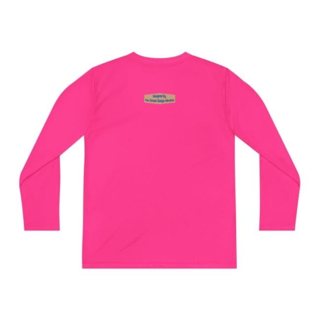 Back view of a bright pink long-sleeve shirt with a small yellow label on the upper back that reads 'Designed By The Simple Design Mindset'