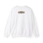 White sweatshirt viewed from the back with a small tan label near the upper center that reads 'Designed By The Simple Design MindSet'.