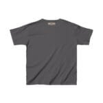Gray T-shirt laid flat, back view, small beige label centered at the neckline area.