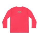 Pink long-sleeve shirt viewed from the back with a small rectangular label near the neckline saying 'Designed By The Simple Design Mindset'