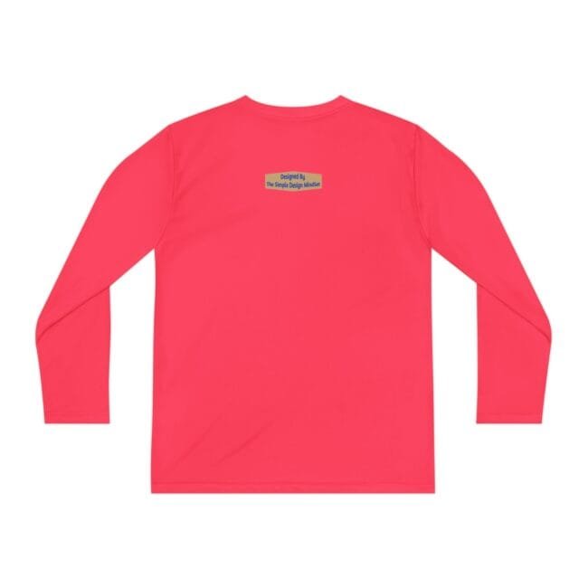 Pink long-sleeve shirt viewed from the back with a small rectangular label near the neckline saying 'Designed By The Simple Design Mindset'