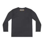 Dark gray long-sleeve shirt viewed from the back with a small beige label at the neckline area.
