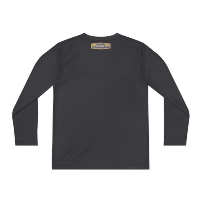 Dark gray long-sleeve shirt viewed from the back with a small beige label at the neckline area.