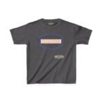 Grey t-shirt featuring a blue ornamental frame with the orange slogan: 'BREATHE IN THE FRESH AIR TO EMPOWER YOUR ENERGY' center-front, plus a small beige label reading 'Designed By The Simple Design MindSet'