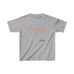 Gray t-shirt featuring an orange slogan inside a blue decorative frame: 'BREATHE IN THE FRESH AIR TO EMPOWER YOUR ENERGY'. Small designer label below says 'Designed By The Simple Design Mindset'.
