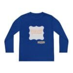 Blue long-sleeve shirt with a central light-gray decorative badge containing orange text about continuous learning the mindset of culture's mindset.