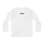 White long-sleeve shirt shown from the back with a small beige label at the upper back near the neckline, reading 'Designed By The Simple Design Mindset'.