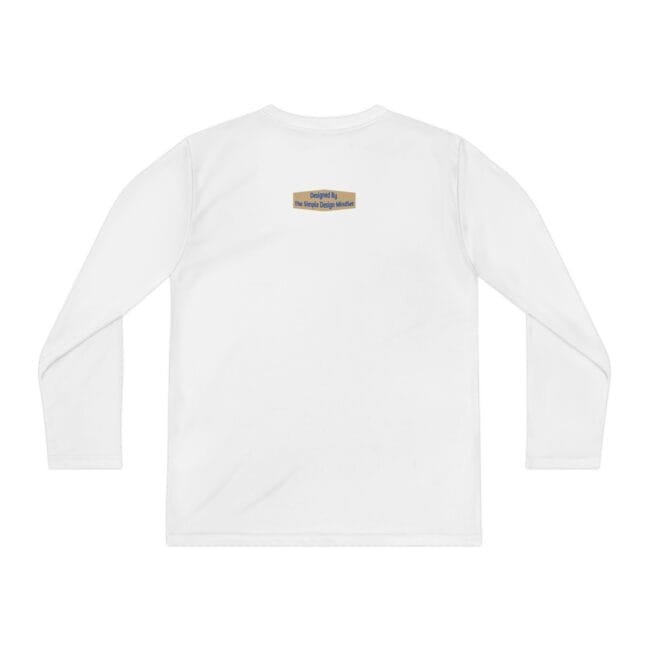 White long-sleeve shirt shown from the back with a small beige label at the upper back near the neckline, reading 'Designed By The Simple Design Mindset'.