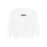 White sweatshirt with a small beige label on the upper back reading 'Designed By The Simple Design Mindset'.