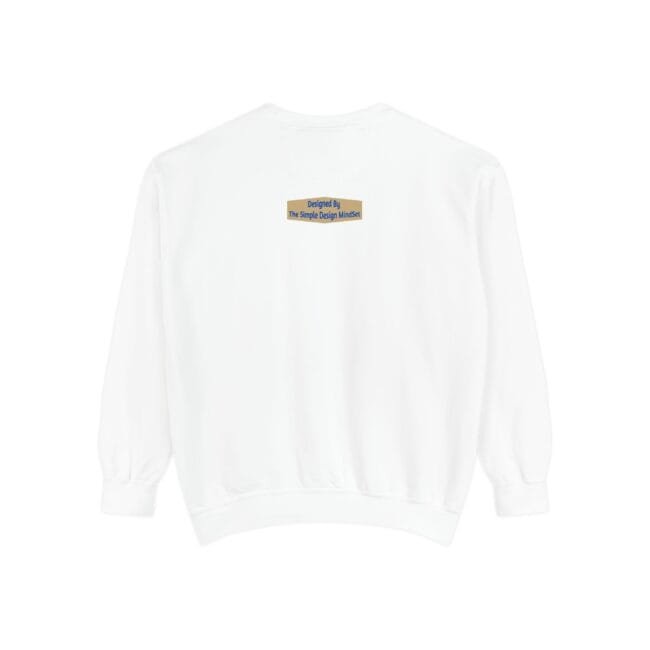 White sweatshirt with a small beige label on the upper back reading 'Designed By The Simple Design Mindset'.