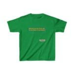 Green T-shirt with orange slogan reading 'BREATHE IN THE FRESH AIR TO EMPOWER YOUR ENERGY' inside a blue decorative frame; small designer tag near the hem.