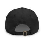 Rear view of a black baseball cap with an adjustable strap and brass buckle on the back edge.