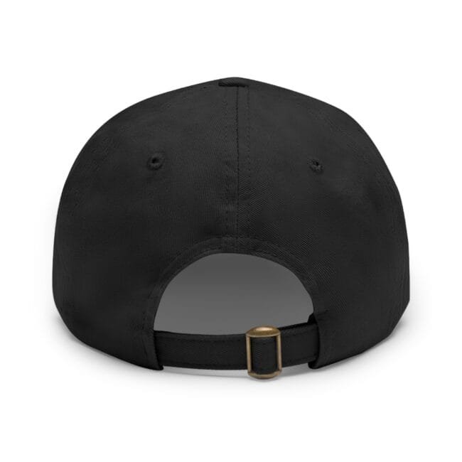 Rear view of a black baseball cap with an adjustable strap and brass buckle on the back edge.