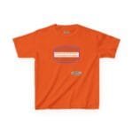 Orange T-shirt with a blue outlined badge on the chest reading: “Breathe in the fresh air to empower your energy.” A small designer tag is visible below.