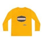 Yellow long-sleeve shirt with a blue-edged dark badge on the chest that says, 'BREATHE IN THE FRESH AIR TO EMPOWER YOUR ENERGY' in orange text.