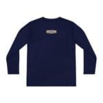 Back view of a navy long-sleeve shirt with a small tan label on the upper back.
