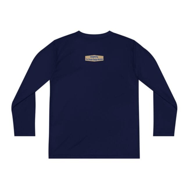 Back view of a navy long-sleeve shirt with a small tan label on the upper back.