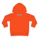 Back view of a bright orange hoodie with the hood up and a small beige label at the neckline reading 'Designed By The Simple Design MindSet'.