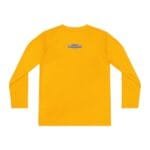 Yellow long-sleeve shirt viewed from the back; small blue label with text sits near the upper back, near the neck area.