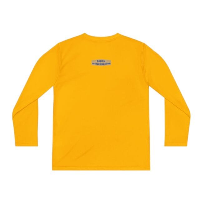 Yellow long-sleeve shirt viewed from the back; small blue label with text sits near the upper back, near the neck area.