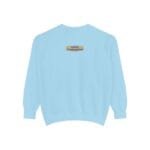 Back view of a light blue sweatshirt with a small beige label centered near the neck reading: 'Designed By The Simple Design Mindset'