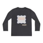 Dark long-sleeve shirt with a pale blue ornate label on the chest containing an orange quote: 'Continuous learning is improving your culture's mindset,' plus a small designer badge at the bottom.