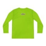 Bright lime green long-sleeve shirt laid flat, back view showing a small label near the neckline that reads 'Designed By The Simple Design Mindset'.