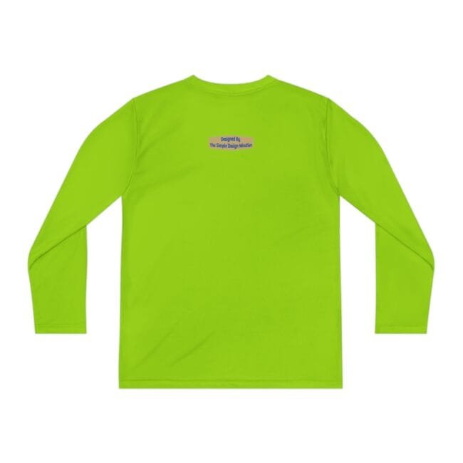 Bright lime green long-sleeve shirt laid flat, back view showing a small label near the neckline that reads 'Designed By The Simple Design Mindset'.