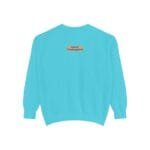 Back view of a turquoise sweatshirt with a small beige label that reads 'Designed By The Simple Design Mindset' at the upper back center.