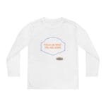 White long-sleeve shirt with an orange slogan 'FOCUS ON WHAT YOU ARE DOING' framed in a lavender decorative badge, plus a small designer tag below.