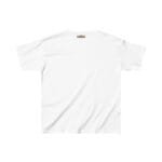 Back view of a plain white T-shirt with a small tag at the neckline center back