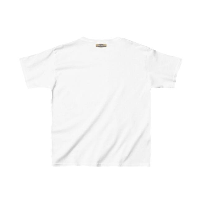 Back view of a plain white T-shirt with a small tag at the neckline center back