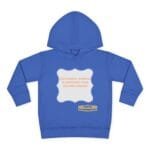 Blue hoodie with a white scalloped label on the chest reading 'Continuously learning is improving your culture's mindset'; small beige designer badge nearby.