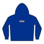 Back view of a royal blue hoodie with a small beige label on the center back saying 'Designed By The Simple Design MindSet'