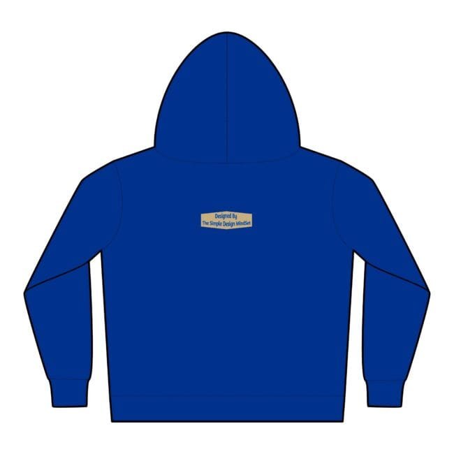 Back view of a royal blue hoodie with a small beige label on the center back saying 'Designed By The Simple Design MindSet'