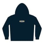 Navy hoodie shown from the back with a small beige label centered on the upper back reading 'Designed By The Simple Design Mindset'