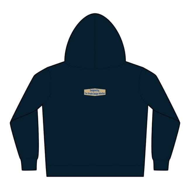 Navy hoodie shown from the back with a small beige label centered on the upper back reading 'Designed By The Simple Design Mindset'