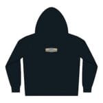 Back view of a navy hoodie with a small beige label centered on the upper back that reads 'Designed By The Simple Design Mindset'