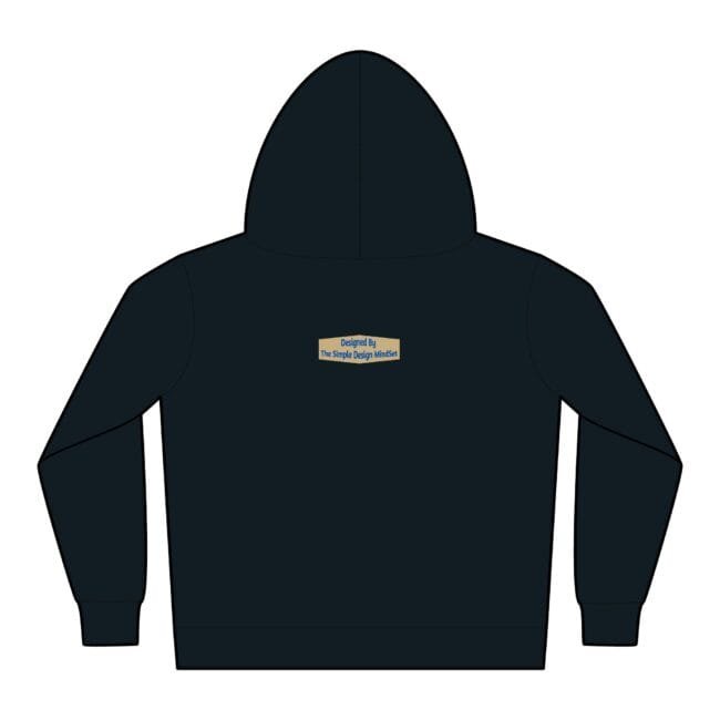 Back view of a navy hoodie with a small beige label centered on the upper back that reads 'Designed By The Simple Design Mindset'