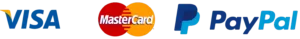 Logo collage showing payment options: Visa, MasterCard, and PayPal.
