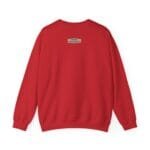 Red sweatshirt viewed from the back with a small rectangular label on the upper back. It has long sleeves and ribbed cuffs and hem.