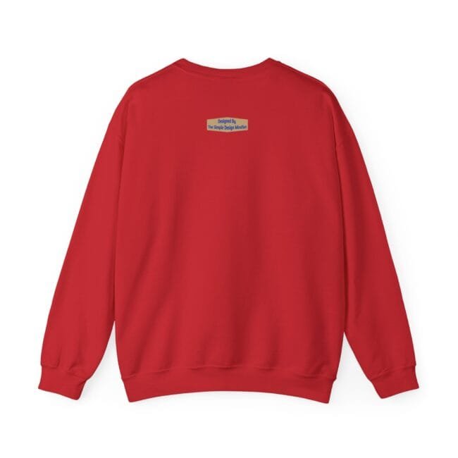 Red sweatshirt viewed from the back with a small rectangular label on the upper back. It has long sleeves and ribbed cuffs and hem.