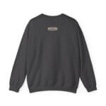Dark gray sweatshirt viewed from the back with a small beige label near the upper center back.