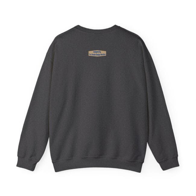 Dark gray sweatshirt viewed from the back with a small beige label near the upper center back.