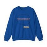 Blue sweatshirt featuring orange text 'KEEP CALM AND INCREASE YOUR CONCENTRATION' inside a decorative frame.
