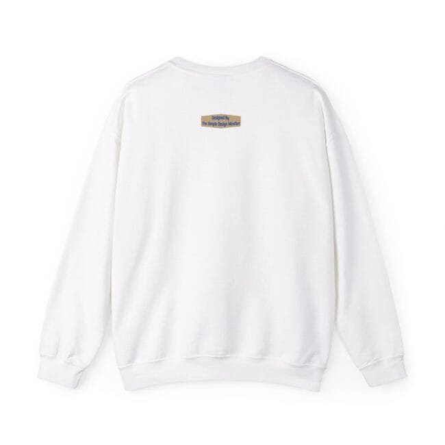 Back view of a white crewneck sweatshirt with a small beige label centered near the upper back.